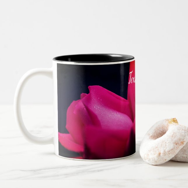 Red Rose Flower Up Close Personalized Two-Tone Coffee Mug (With Donut)