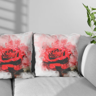 Red Rose flower watercolor - wb Throw Pillow