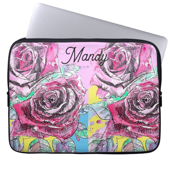Red Rose Flower Watercolour Pink Colorful Art Laptop Sleeve (Front)