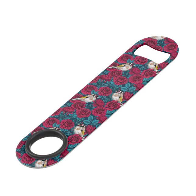 Red Rose flowers and goldfinch birds Bar Key (Front Angled)