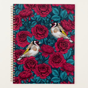 Red Rose flowers and goldfinch birds Planner