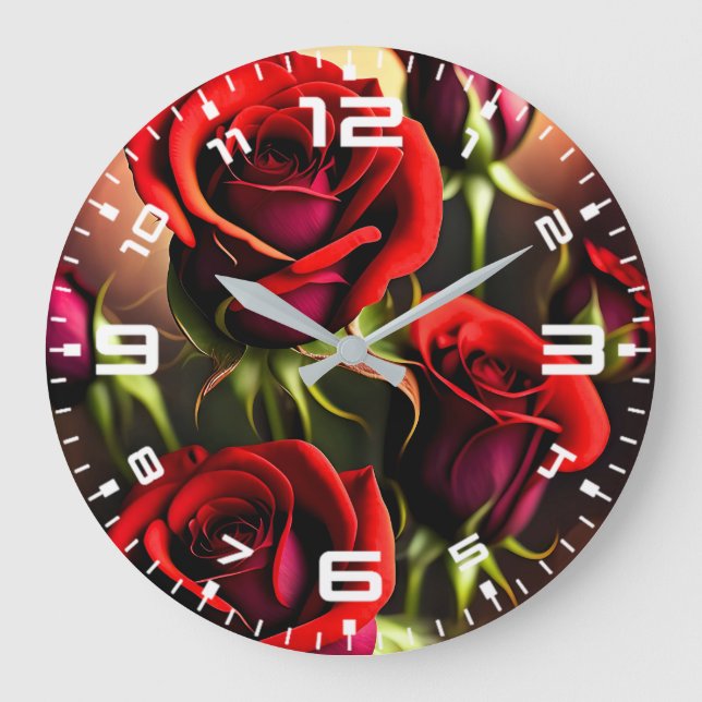 Red Rose Flowers Digital Artwork-58567 Large Clock (Front)