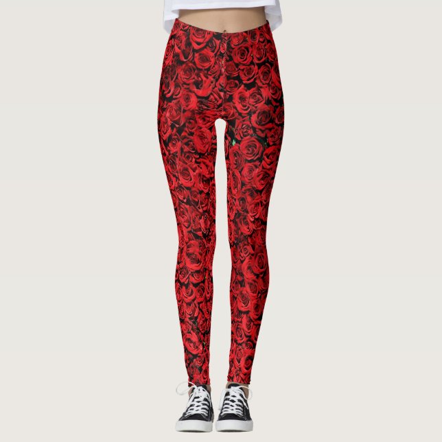 Red Rose Flowers Leggings (Front)
