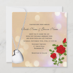red rose flowers, silver heart shape necklace wedd invitation