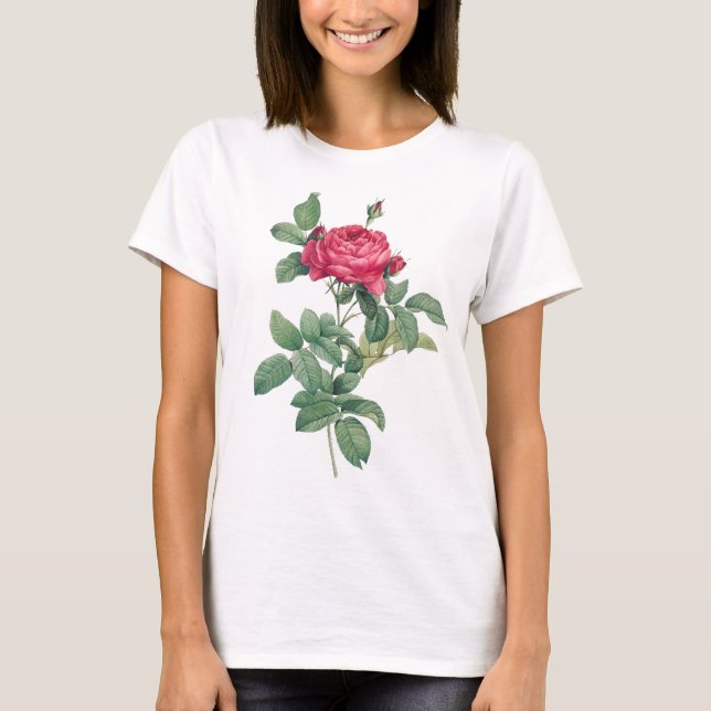 Red Rose Flowers with Green Leaves T-Shirt (Front)