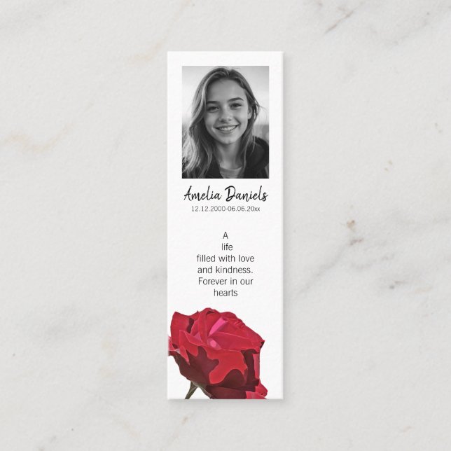 Red Rose Funeral Mini Bookmark Card (Front)