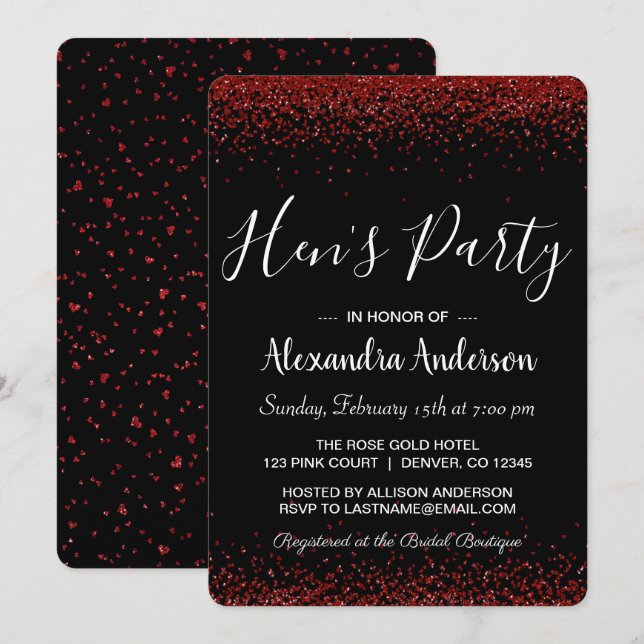 Red Rose Glitter Sparkle Hen's Party Invitation (Front/Back)