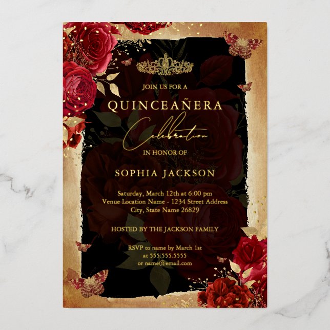 Red Rose Gold Floral Butterfly Tiara Quinceanera  (Front)