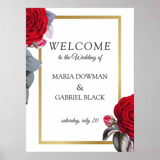 Red rose. Gold frame. Luxury welcome Sign Poster (Front)