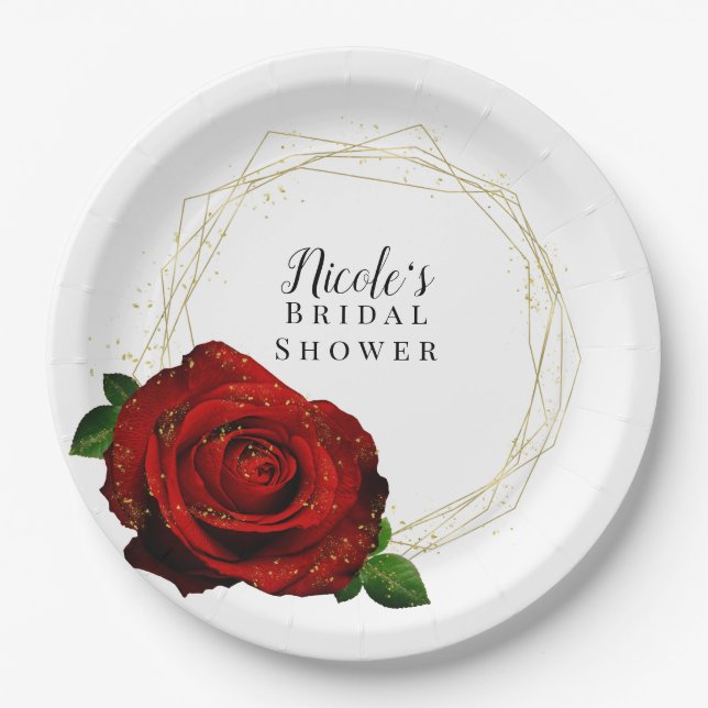 Red Rose Gold Geometric Glam Bridal Shower Paper Plate (Front)