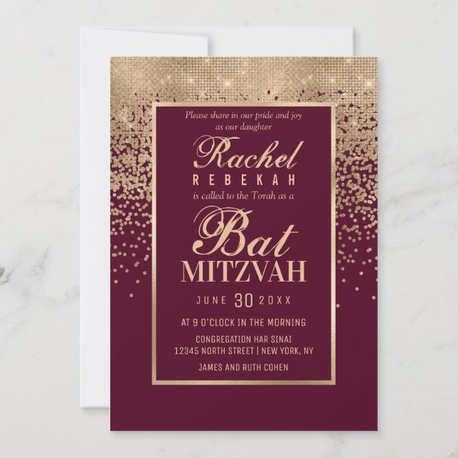 Red Rose Gold Glitter Confetti Photo Bat Mitzvah Invitation (Back)