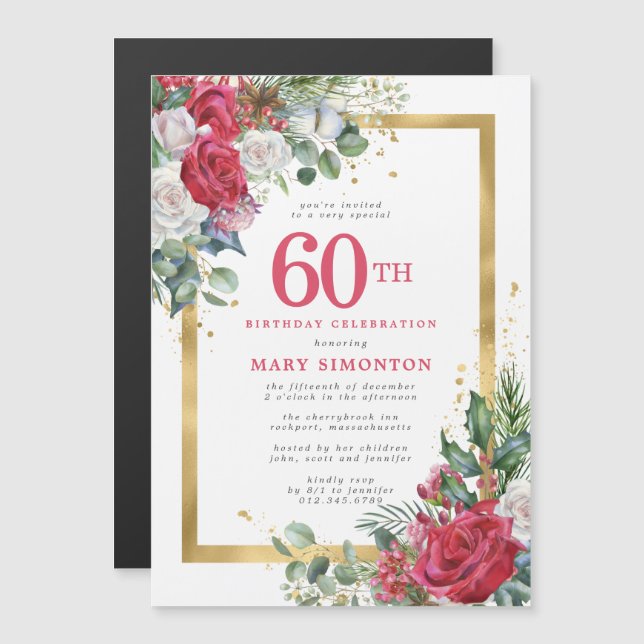 Red Rose Gold Holly 60th Birthday Magnetic Invitation (Front/Back)