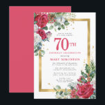 Red Rose Gold Holly 70th Birthday Invitation<br><div class="desc">Beautiful red and white roses are nestled in holly and eucalyptus leaves to create an elegant floral display. They decorate a wide gold frame and are dappled with gold confetti dust. 70th birthday celebration and the person's name is written in a large red text. All of the text can be...</div>