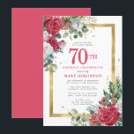 Red Rose Gold Holly 70th Birthday Invitation<br><div class="desc">Beautiful red and white roses are nestled in holly and eucalyptus leaves to create an elegant floral display. They decorate a wide gold frame and are dappled with gold confetti dust. 70th birthday celebration and the person's name is written in a large red text. All of the text can be...</div>