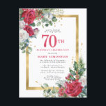 Red Rose Gold Holly 70th Birthday Invitation Postcard<br><div class="desc">Beautiful red and white roses are nestled in holly and eucalyptus leaves to create an elegant floral display. They decorate a wide gold frame and are dappled with gold confetti dust. 70th birthday celebration and the person's name is written in a large red text. There is more room on the...</div>