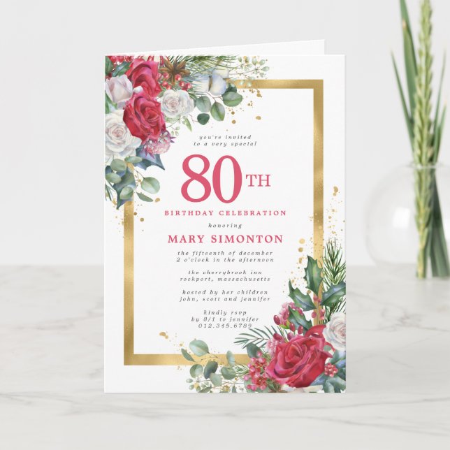 Red Rose Gold Holly 80th Birthday Party Invitation (Front)
