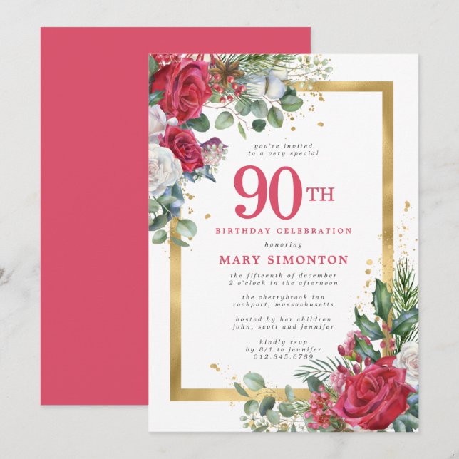 Red Rose Gold Holly 90th Birthday Invitation (Front/Back)