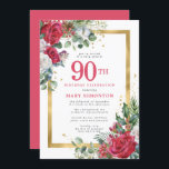Red Rose Gold Holly 90th Birthday Invitation<br><div class="desc">Beautiful red and white roses are nestled in holly and eucalyptus leaves to create an elegant floral display. They decorate a wide gold frame and are dappled with gold confetti dust. 90th birthday celebration and the person's name is written in a large red text. All of the text can be...</div>
