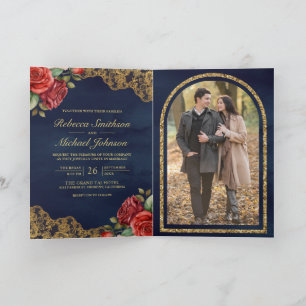 Red Rose Gold Lace Navy Blue QR Code Photo Wedding Invitation
