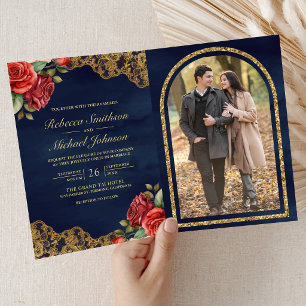 Red Rose Gold Lace Navy Blue QR Code Photo Wedding Invitation
