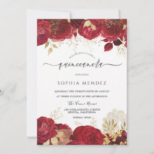 Red Rose Gold Leaf Quinceanera Invitation