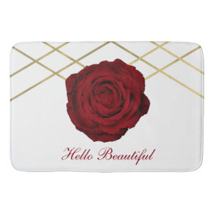 Red Rose & Gold Lines Floral Chic Glam Elegant Bath Mat