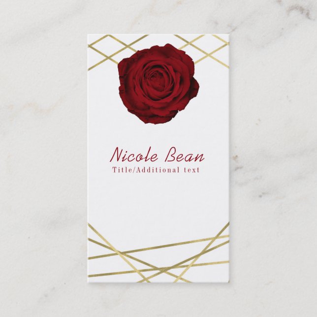 Red Rose & Gold Lines Floral Geometric Glam Business Card (Front)