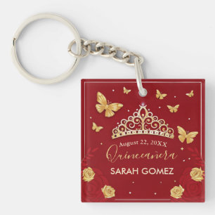  Red Rose Gold Quinceanera  Keychain