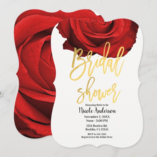Red Rose Gold Script Modern Trendy Bridal Shower Invitation (Front/Back)