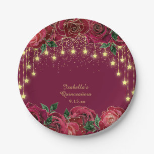 Red Rose Gold Star String Light Stars Quinceañera Paper Plate