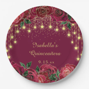 Red Rose Gold Star String Light Stars Quinceañera Paper Plate