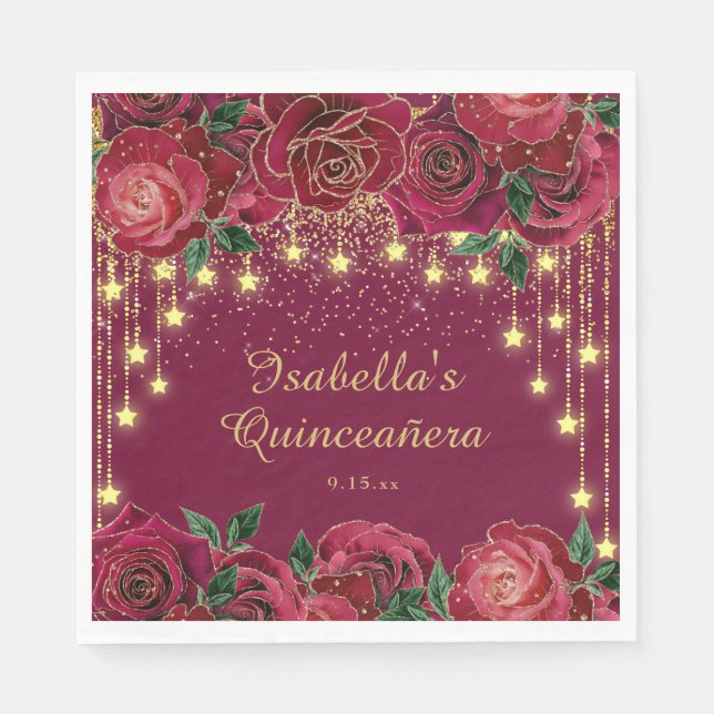 Red Rose Gold String Light Stars Quinceañera  Napkin (Front)