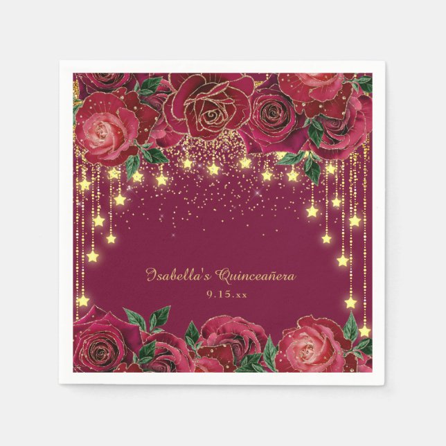 Red Rose Gold String Light Stars Quinceañera  Napkin (Front)