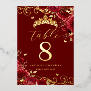 Red Rose Gold Swirl Quinceanera Table Number