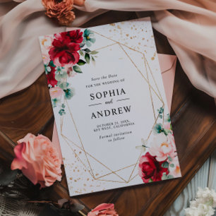 Red Rose & Gold Watercolor Floral Save the Date Invitation