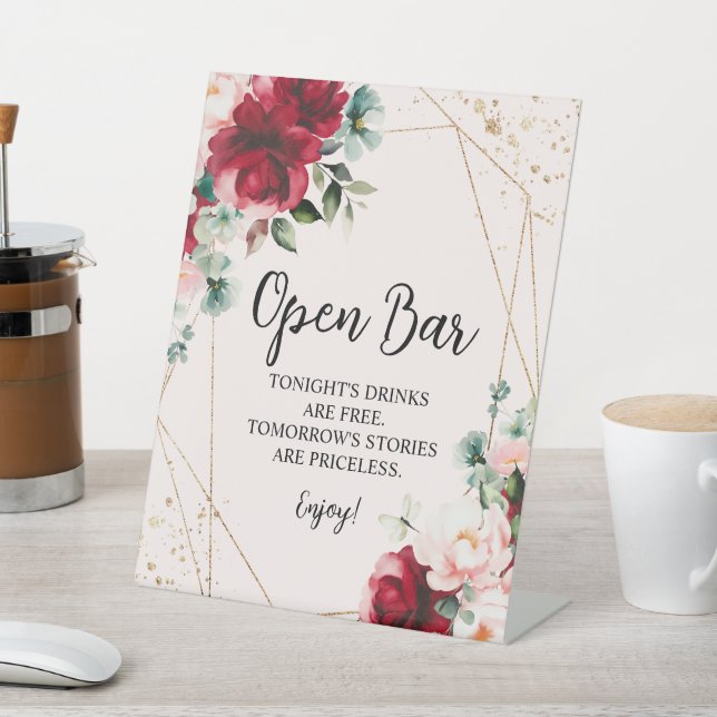 Red Rose & Gold Watercolor Open Bar Sign (In SItu)