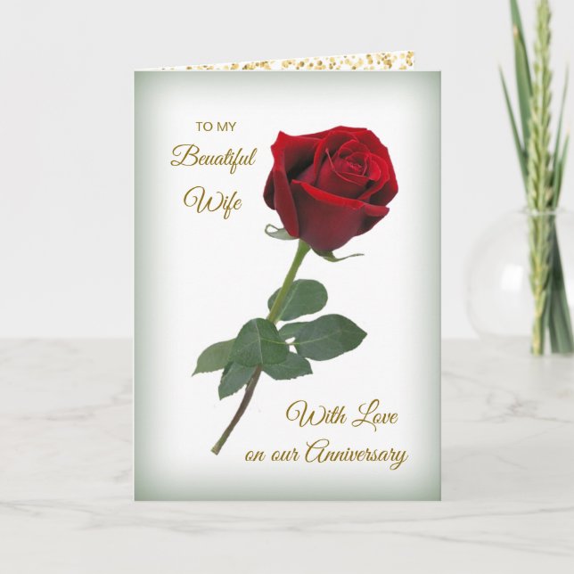Red rose, golden confetti Wife Anniversary Card (Front)