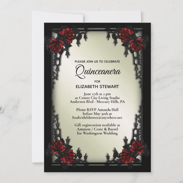 Red Rose Gothic Quinceañera Iron Gate Olive Invitation (Front)
