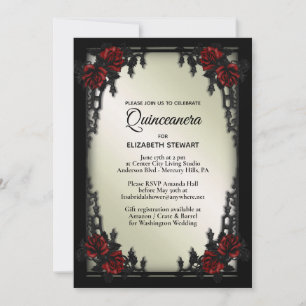 Red Rose Gothic Quinceañera Iron Gate Olive Invitation