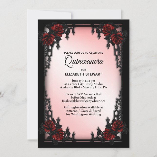 Red Rose Gothic Quinceañera Iron Gate Pink Invitation (Front)