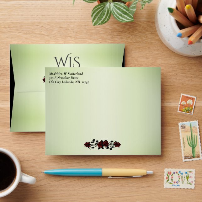 Red Rose Gothic Wedding Monogram Mystic Green Envelope (Desk)