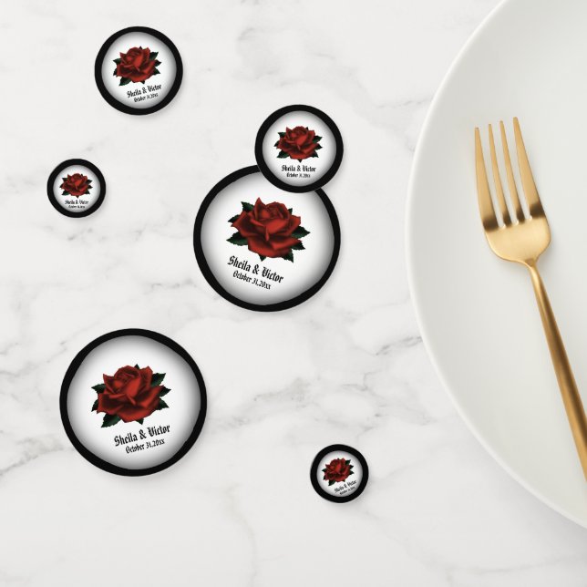 Red Rose Gothic Wedding Names and Date Confetti (Group)