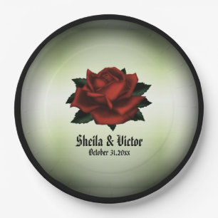 Red Rose Gothic Wedding Names and Date Green  Paper Plate