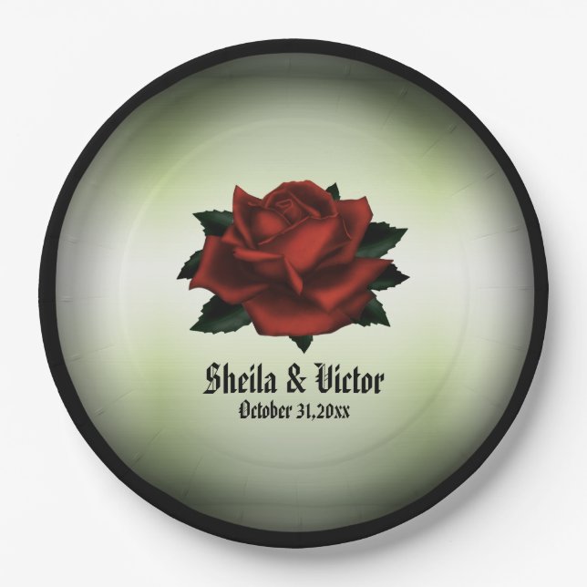 Red Rose Gothic Wedding Names and Date Green  Paper Plate (Front)