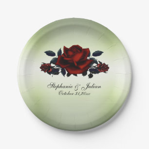Red Rose Gothic Wedding Names and Date Green  Paper Plate