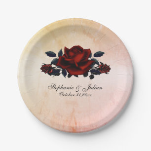 Red Rose Gothic Wedding Names and Date Peach  Paper Plate