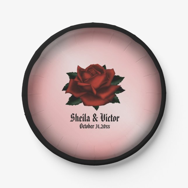 Red Rose Gothic Wedding Personal Paper Plate (Front)