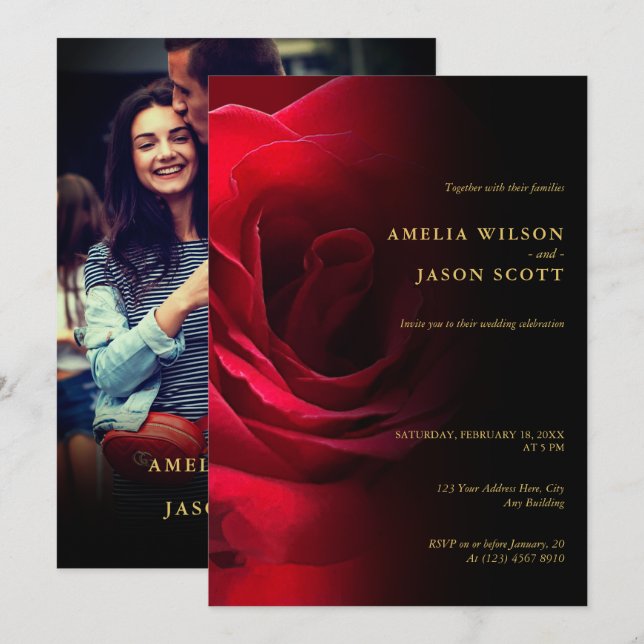 Red Rose Gradient Black with Photo Wedding Invitation (Front/Back)