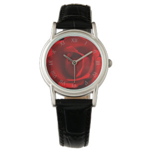 Red Rose Grey Script Roman Numbers Womens Watch