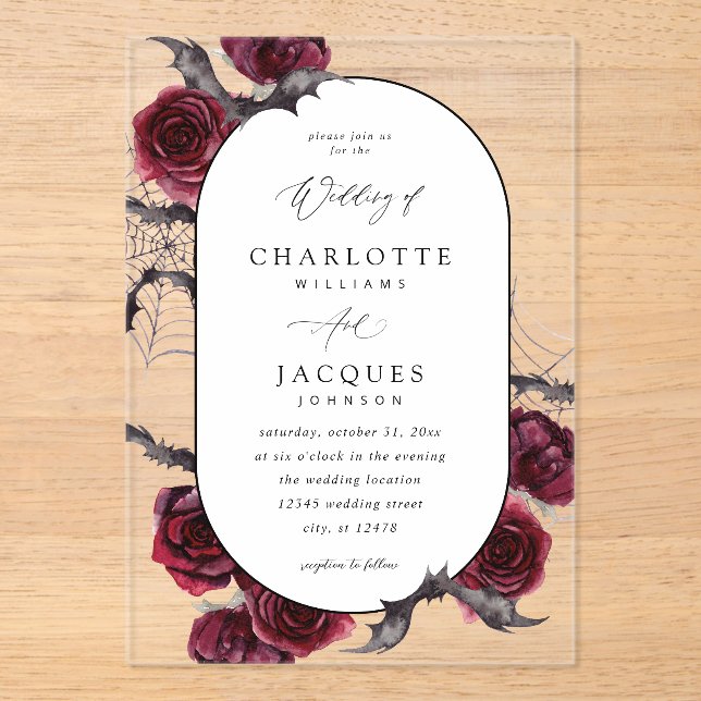 Red Rose Halloween Bats Wedding Acrylic Invitations (Front)